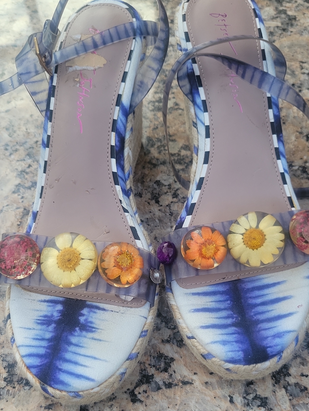 Betsey Johnson Multicolor Tie-Dye Wedge Sandals with Floral Resin Accents